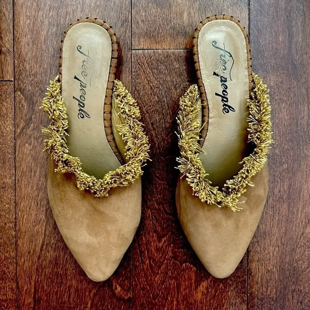 Free People Newport Fringed Mules, Tan Suede, Size 37